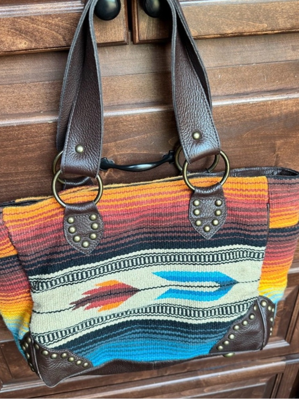 STS Woven Southwestern Tote Bag with Brown Leather Trim - Picture 2 of 4